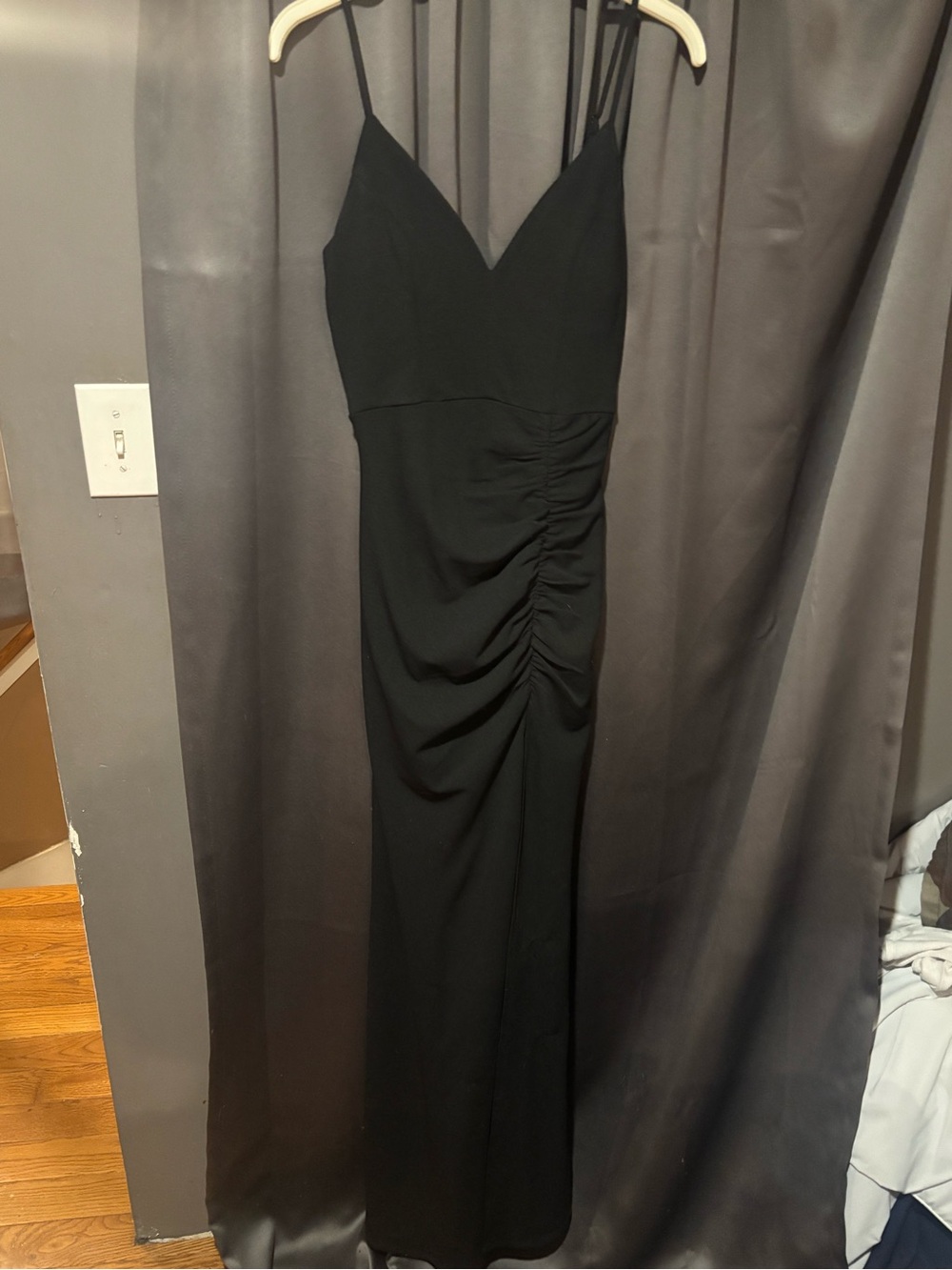 Emerald Sundae Black Ruched Maxi Dress with Spaghetti Straps